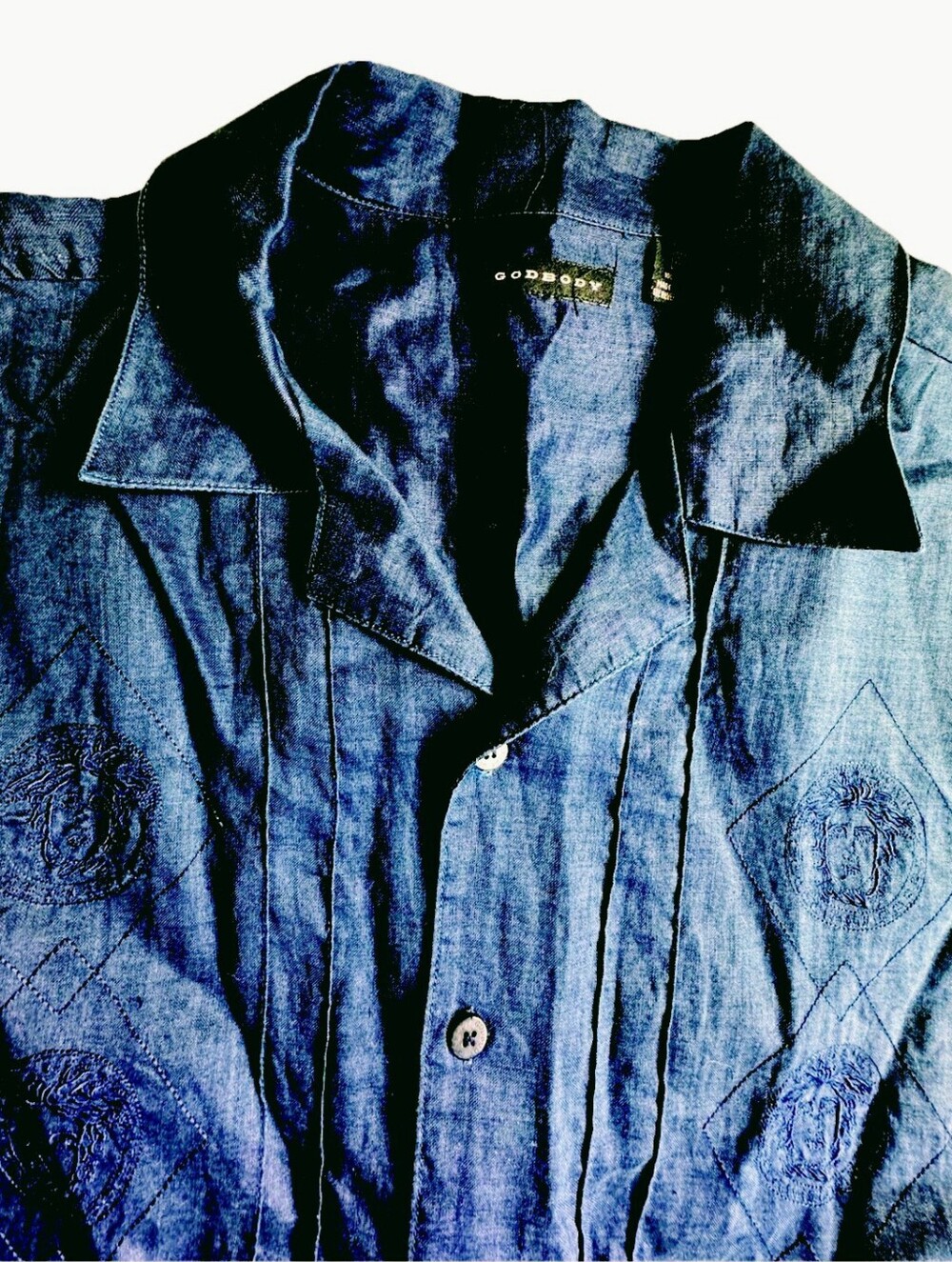 NWOT Godbody 100% Linen Deep Navy Embossed Short Sleeve Button-Up Shirt Large